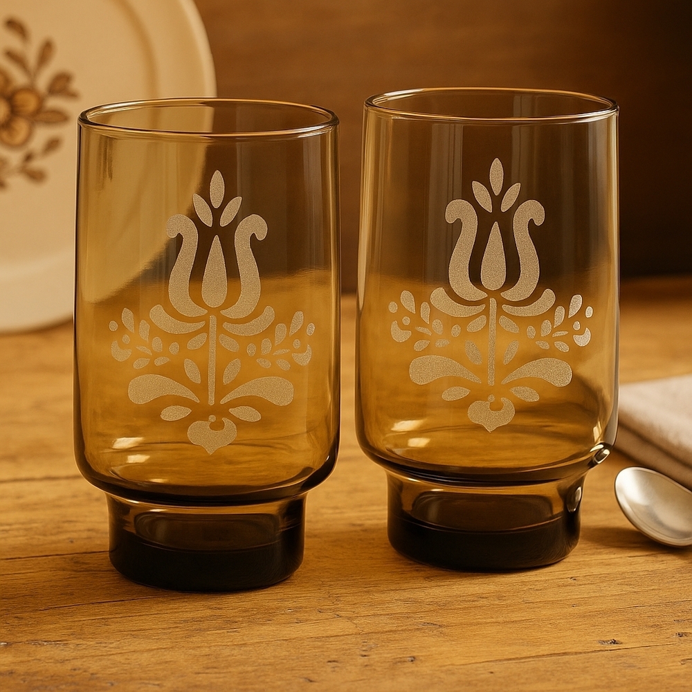 Set of 2 Pfaltzgraff Village Smoky Brown Glasses – Vintage Etched Tulip Design
